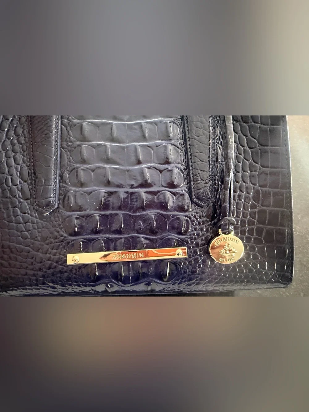 Brahmin Croc-Embossed Patent Satchel - Navy